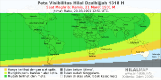 HilalMap: Peta Visibilitas Hilal Dzulhijjah 1318 H: rukyat tanggal 1901-3-21 M