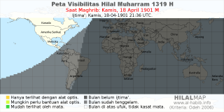 HilalMap: Peta Visibilitas Hilal Muharram 1319 H: rukyat tanggal 1901-4-18 M