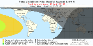 HilalMap: Peta Visibilitas Hilal Rabiul-Awwal 1319 H: rukyat tanggal 1901-6-16 M