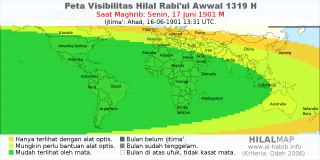 HilalMap: Peta Visibilitas Hilal Rabiul-Awwal 1319 H: rukyat tanggal 1901-6-17 M