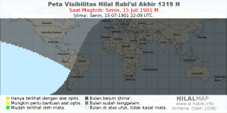 HilalMap: Peta Visibilitas Hilal Rabiul-Akhir 1319 H: rukyat tanggal 1901-7-15 M