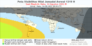 HilalMap: Peta Visibilitas Hilal Jumadal-Awwal 1319 H: rukyat tanggal 1901-8-14 M