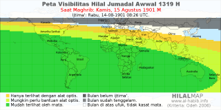 HilalMap: Peta Visibilitas Hilal Jumadal-Awwal 1319 H: rukyat tanggal 1901-8-15 M