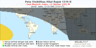 HilalMap: Peta Visibilitas Hilal Rajab 1319 H: rukyat tanggal 1901-10-12 M