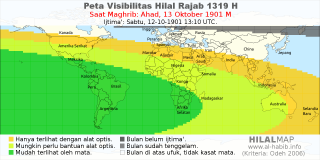 HilalMap: Peta Visibilitas Hilal Rajab 1319 H: rukyat tanggal 1901-10-13 M