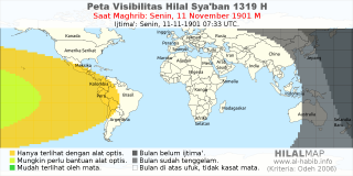 HilalMap: Peta Visibilitas Hilal Syaban 1319 H: rukyat tanggal 1901-11-11 M