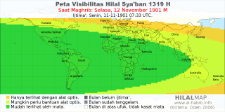 HilalMap: Peta Visibilitas Hilal Syaban 1319 H: rukyat tanggal 1901-11-12 M