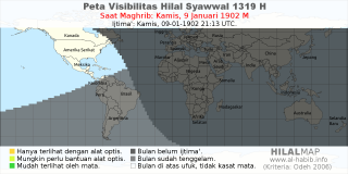 HilalMap: Peta Visibilitas Hilal Syawwal 1319 H: rukyat tanggal 1902-1-9 M