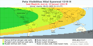 HilalMap: Peta Visibilitas Hilal Syawwal 1319 H: rukyat tanggal 1902-1-10 M