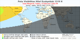 HilalMap: Peta Visibilitas Hilal Dzulqaidah 1319 H: rukyat tanggal 1902-2-8 M