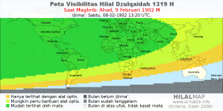 HilalMap: Peta Visibilitas Hilal Dzulqaidah 1319 H: rukyat tanggal 1902-2-9 M