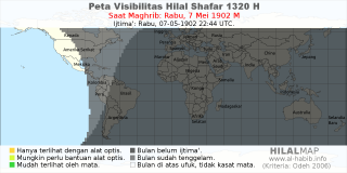 HilalMap: Peta Visibilitas Hilal Shafar 1320 H: rukyat tanggal 1902-5-7 M
