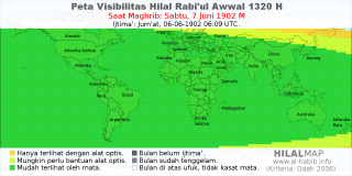 HilalMap: Peta Visibilitas Hilal Rabiul-Awwal 1320 H: rukyat tanggal 1902-6-7 M