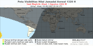 HilalMap: Peta Visibilitas Hilal Jumadal-Awwal 1320 H: rukyat tanggal 1902-8-3 M