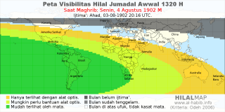 HilalMap: Peta Visibilitas Hilal Jumadal-Awwal 1320 H: rukyat tanggal 1902-8-4 M