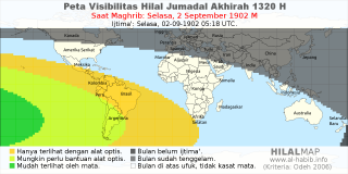 HilalMap: Peta Visibilitas Hilal Jumadal-Akhirah 1320 H: rukyat tanggal 1902-9-2 M