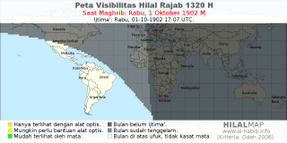 HilalMap: Peta Visibilitas Hilal Rajab 1320 H: rukyat tanggal 1902-10-1 M