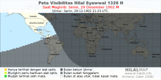 HilalMap: Peta Visibilitas Hilal Syawwal 1320 H: rukyat tanggal 1902-12-29 M