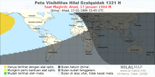 HilalMap: Peta Visibilitas Hilal Dzulqaidah 1321 H: rukyat tanggal 1904-1-17 M