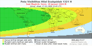 HilalMap: Peta Visibilitas Hilal Dzulqaidah 1321 H: rukyat tanggal 1904-1-18 M