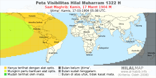 HilalMap: Peta Visibilitas Hilal Muharram 1322 H: rukyat tanggal 1904-3-17 M