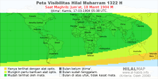 HilalMap: Peta Visibilitas Hilal Muharram 1322 H: rukyat tanggal 1904-3-18 M