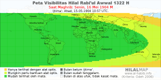HilalMap: Peta Visibilitas Hilal Rabiul-Awwal 1322 H: rukyat tanggal 1904-5-16 M