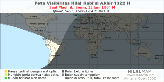 HilalMap: Peta Visibilitas Hilal Rabiul-Akhir 1322 H: rukyat tanggal 1904-6-13 M