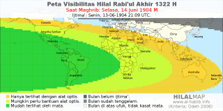 HilalMap: Peta Visibilitas Hilal Rabiul-Akhir 1322 H: rukyat tanggal 1904-6-14 M