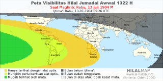 HilalMap: Peta Visibilitas Hilal Jumadal-Awwal 1322 H: rukyat tanggal 1904-7-13 M