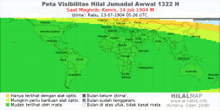 HilalMap: Peta Visibilitas Hilal Jumadal-Awwal 1322 H: rukyat tanggal 1904-7-14 M