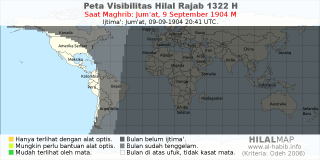HilalMap: Peta Visibilitas Hilal Rajab 1322 H: rukyat tanggal 1904-9-9 M