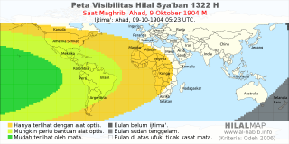 HilalMap: Peta Visibilitas Hilal Syaban 1322 H: rukyat tanggal 1904-10-9 M