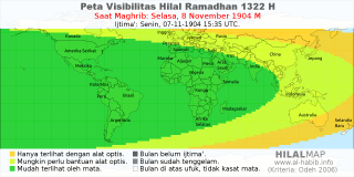 HilalMap: Peta Visibilitas Hilal Ramadhan 1322 H: rukyat tanggal 1904-11-8 M