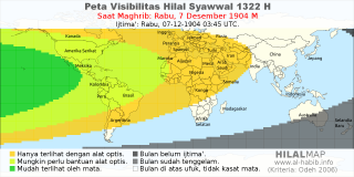 HilalMap: Peta Visibilitas Hilal Syawwal 1322 H: rukyat tanggal 1904-12-7 M