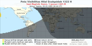 HilalMap: Peta Visibilitas Hilal Dzulqaidah 1322 H: rukyat tanggal 1905-1-5 M