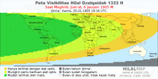 HilalMap: Peta Visibilitas Hilal Dzulqaidah 1322 H: rukyat tanggal 1905-1-6 M