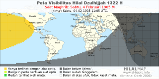 HilalMap: Peta Visibilitas Hilal Dzulhijjah 1322 H: rukyat tanggal 1905-2-4 M