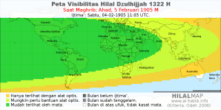 HilalMap: Peta Visibilitas Hilal Dzulhijjah 1322 H: rukyat tanggal 1905-2-5 M