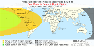 HilalMap: Peta Visibilitas Hilal Muharram 1323 H: rukyat tanggal 1905-3-6 M