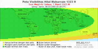 HilalMap: Peta Visibilitas Hilal Muharram 1323 H: rukyat tanggal 1905-3-7 M
