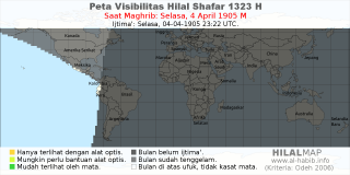 HilalMap: Peta Visibilitas Hilal Shafar 1323 H: rukyat tanggal 1905-4-4 M