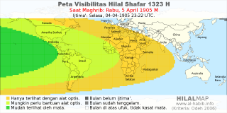 HilalMap: Peta Visibilitas Hilal Shafar 1323 H: rukyat tanggal 1905-4-5 M