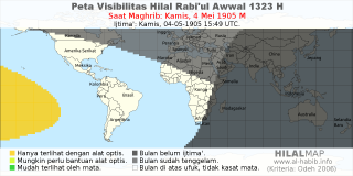 HilalMap: Peta Visibilitas Hilal Rabiul-Awwal 1323 H: rukyat tanggal 1905-5-4 M