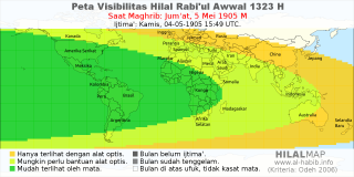 HilalMap: Peta Visibilitas Hilal Rabiul-Awwal 1323 H: rukyat tanggal 1905-5-5 M