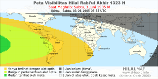 HilalMap: Peta Visibilitas Hilal Rabiul-Akhir 1323 H: rukyat tanggal 1905-6-3 M