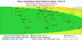 HilalMap: Peta Visibilitas Hilal Rabiul-Akhir 1323 H: rukyat tanggal 1905-6-4 M