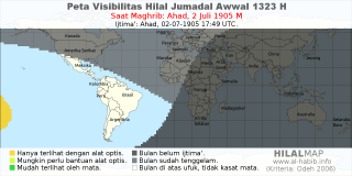 HilalMap: Peta Visibilitas Hilal Jumadal-Awwal 1323 H: rukyat tanggal 1905-7-2 M