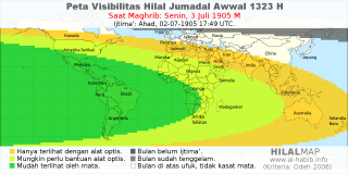 HilalMap: Peta Visibilitas Hilal Jumadal-Awwal 1323 H: rukyat tanggal 1905-7-3 M