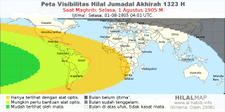 HilalMap: Peta Visibilitas Hilal Jumadal-Akhirah 1323 H: rukyat tanggal 1905-8-1 M
